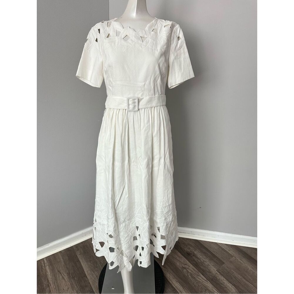 NWT SIMKHAI White Jilly Abstract Embroidery Short Sleeve Midi Dress US 4 $395 - Picture 3 of 10